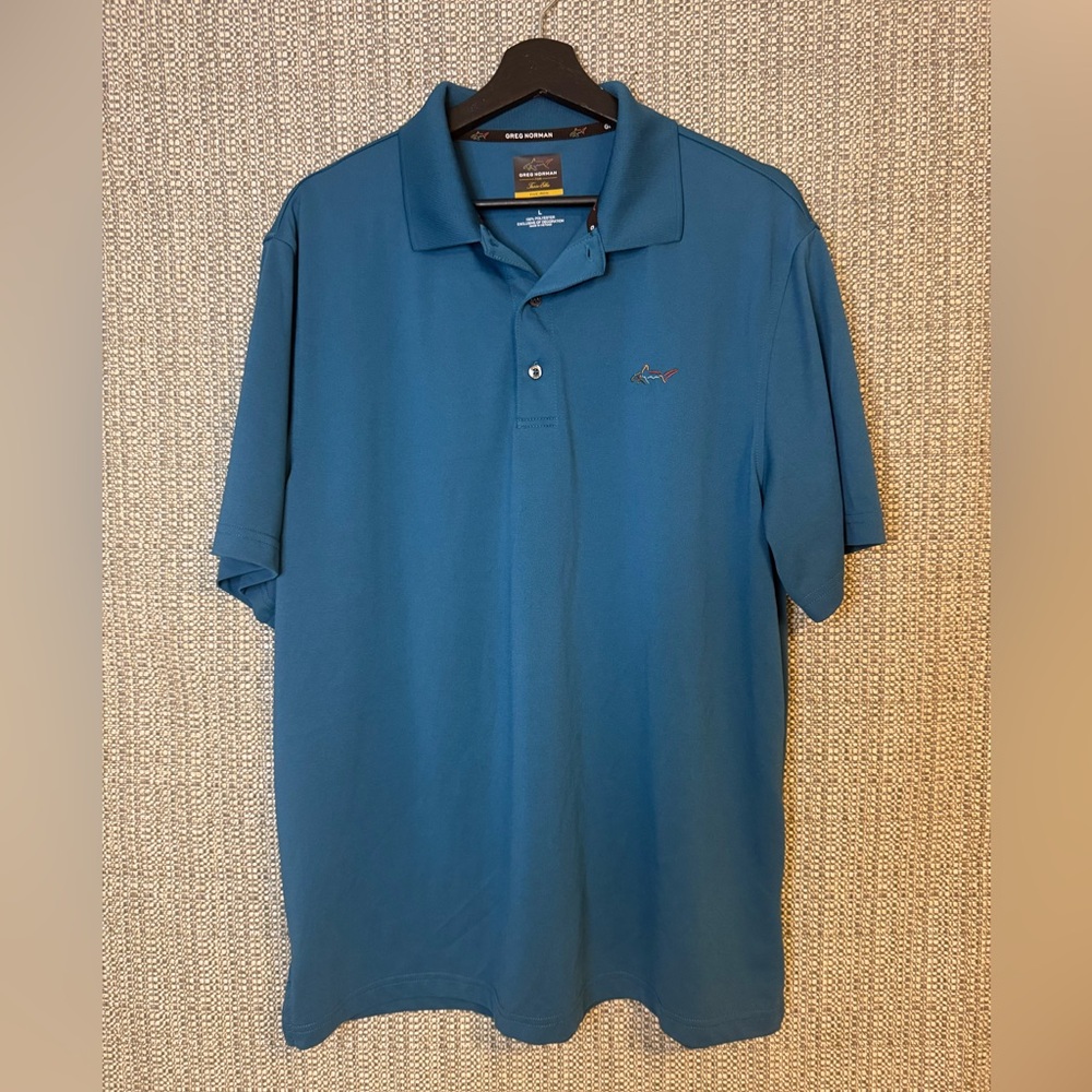 Greg Norman for Tasso Elba Five Iron Polo Shirt L Play Dry Teal Blue Green Shark